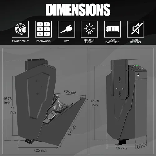Miniatura 5 de Caja fuerte biométrica montada para pistolas para mesita de noche, escritorio, junto a la cama, pared, camión - caja fuerte oculta para pistolas