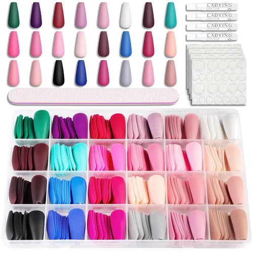 Miniatura 10 de 576 uñas postizas con forma de ballet de ataúd, uñas postizas acrílicas de cobertura completa, 24 colores con pegamento de uñas de 0.24 onzas