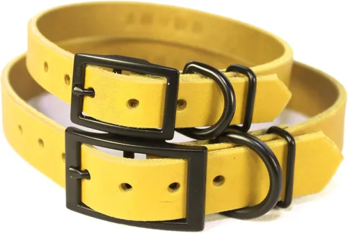 Miniatura 3 de Personalized Spiked Bridle Leather Dog Collar, Engraved Matte Black Metal Nameplate (Mustard Yellow)
