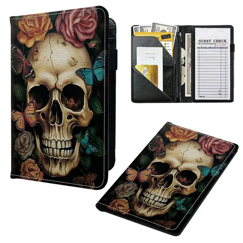 Miniatura 13 de Libros para camarera, cartera de cuero con bolsillo con cremallera, 7 bolsillos de almacenamiento para recetas y cheques, soporte para bolígrafos