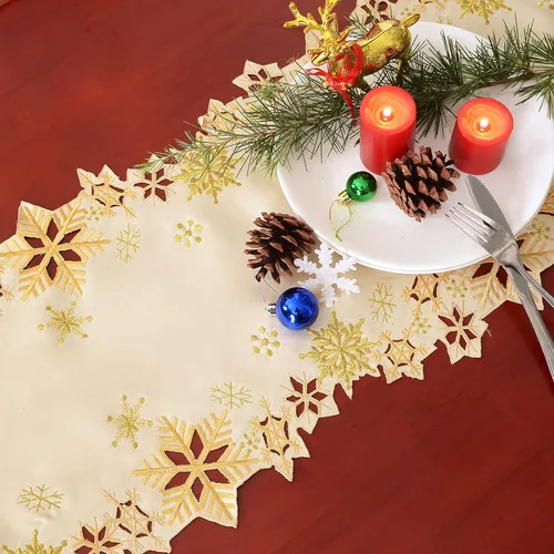 Miniatura 3 de Caminos de mesa bordados con copos de nieve para Navidad e invierno (dorado, 14 x 90 pulgadas)