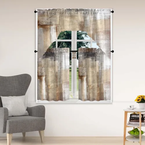 Miniatura 13 de Blue & Swag - Juego de 3 cortinas para ventana de cocina, cenefa de arte abstracto gris con bolsillo para barra para cocinas modernas