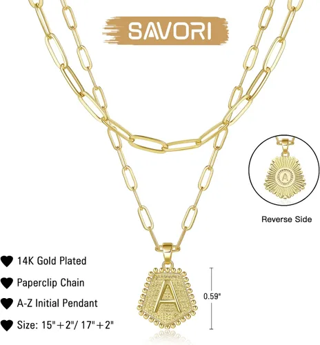Miniatura 4 de SAVORI Collares con iniciales en capas para mujer, chapado en oro de 14 quilates, delicado collar de cadena de clip en capas, lindo colgante