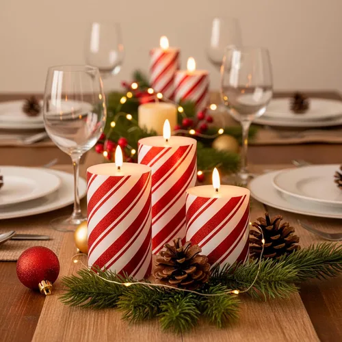 Miniatura 2 de Velas LED de pilar con purpurina de rayas rojas, velas de cera real sin llama para Navidad, vacaciones, decoración de fiesta en el hogar, juego de 3