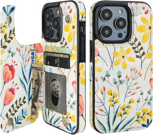 Miniatura 17 de HAOPINSH Funda tipo cartera para iPhone 14 Pro con tarjetero, patrón de flores pálidas en la parte trasera, de piel sintética, con ranuras para Flor