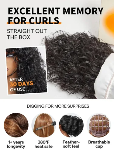 Miniatura 3 de GORGIUS Peluca rizada de corte de pelo lanudo con flequillo fabricada con tecnología Style-Archive™: fibra premium y cabello humano Remy mezclado