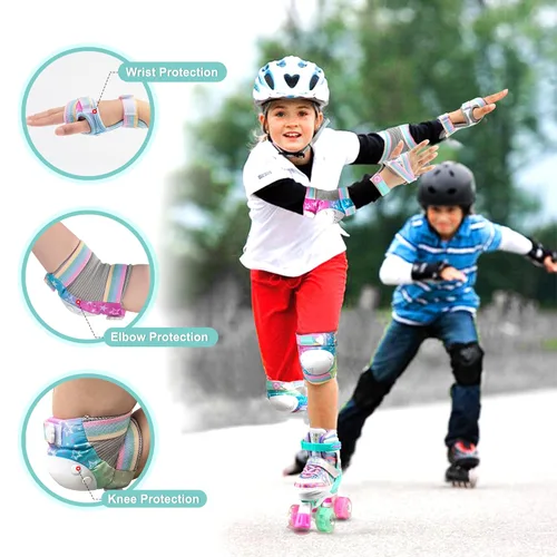 Miniatura 2 de SULIFEEL Rodilleras de Unicornio Arcoíris para Niños Rodilleras Coderas Muñequeras con Bolsa con Cordón Equipo de Protección Ajustable para Niñas