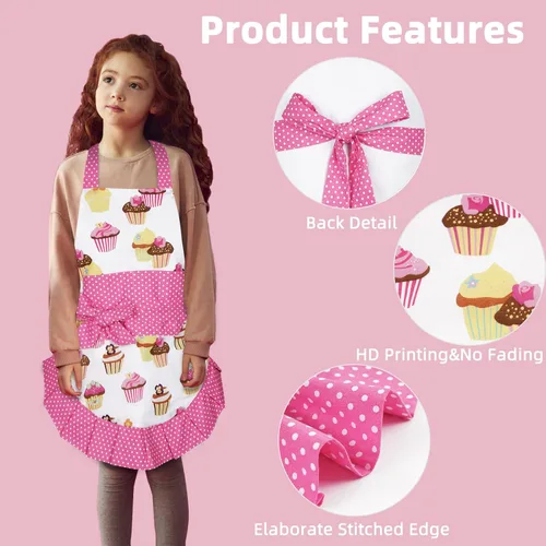 Miniatura 5 de Claswcalor Delantal de cocina para niños y niñas, 100% algodón, lindo delantal para hornear cupcakes, delantal de cocina ajustable, delantal rosa