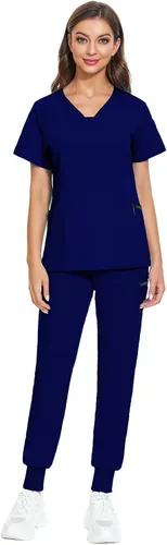VIAOLI Conjunto de ropa quirúrgica para mujer, camiseta con cuello en V y pantalones médicos tipo cargo para mujer, 10 bolsillos