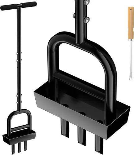HOMIER Aireador de césped, aireador manual de césped de 41 pulgadas con bandeja de almacenamiento de núcleo de suelo de acero inoxidable, 3 tapones