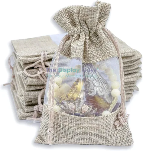 The Display Guys - Paquete de 48 bolsas de regalo grandes de lino y organza con cordones (6.5 x 8.5 pulgadas, beige) – Bolsa de malla para recuerdos