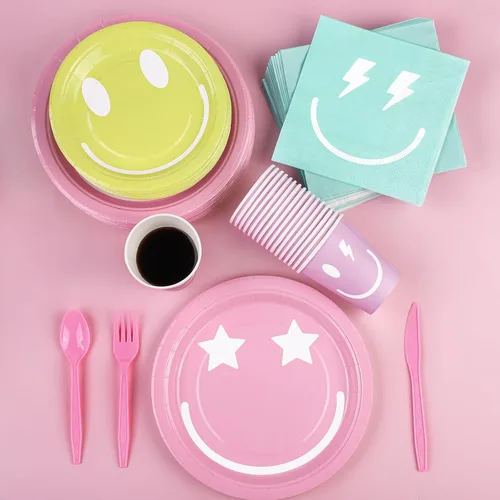 Miniatura 4 de Durony 350 Piezas de Decoración de Fiesta Preppy con Cara Sonriente, Suministros de Fiesta Pastel Incluyen Platos de Papel Sonrientes, Servilletas