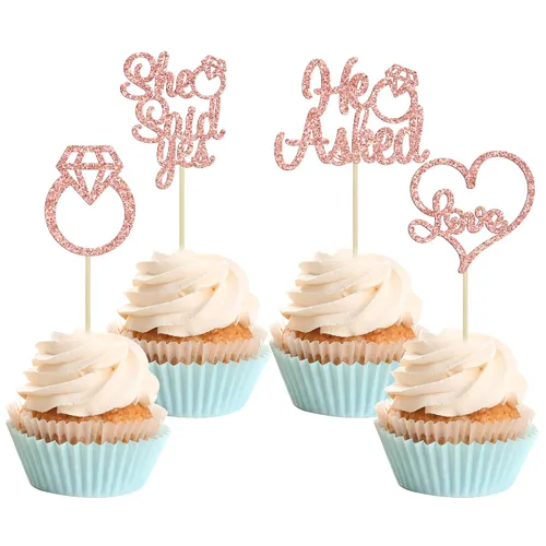 Miniatura 11 de Gyufise Paquete de 24 adornos para cupcakes con purpurina negra con la frase "He Asked She Said Yes" para cupcakes, anillos de corazón con purpurina