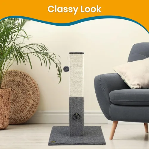 Miniatura 7 de Pawbee Poste rascador para gatos de 32 pulgadas con cascabel y softball, torre de cuerda de sisal para adultos de interior, gatos grandes, gris