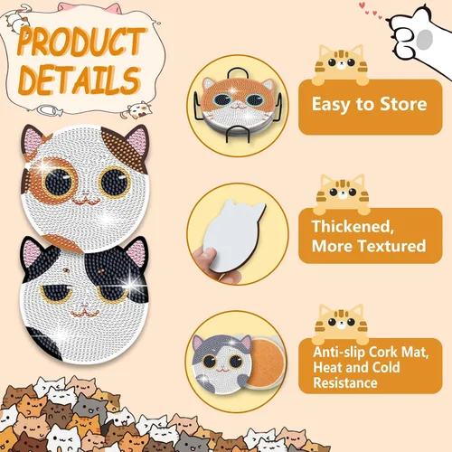 Miniatura 5 de FOWSEEK Posavasos de Pintura de Diamantes, 8 PCS Posavasos de Arte de Diamante de Gato con Soporte, Lindos Kits de Pintura de Diamantes para Adultos