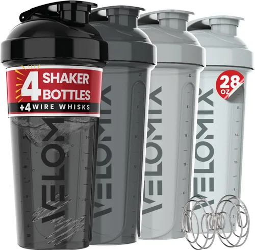 VELOMIX -4 Pack- 28 oz Protein Shaker Bottles for Protein Mixes - 4x Wire Whisk | Leak Proof Shaker Cups for Protein Shakes | Stackable Protein