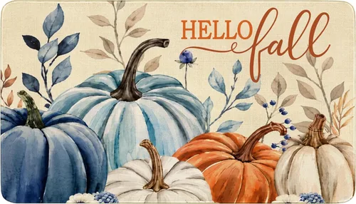 Hello Fall Front Door Mat Indoor Outdoor Entrance, Autumn Pumpkin Door Mats Outside Entrance Fall Porch Welcome Mat Doormat Outdoor Mats for Front