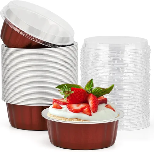Miniatura 61 de Beasea Ramequines con tapas, 8oz 50 unidades de tazas de aluminio desechables para hornear, tazas de papel de aluminio plateado para creme brulee