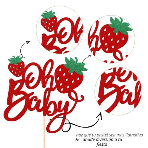 Miniatura 3 de 1 pieza de decoración para pastel de fresa Oh Baby con purpurina para baby shower, palillo para pastel de fresa, tema de frutas, decoración