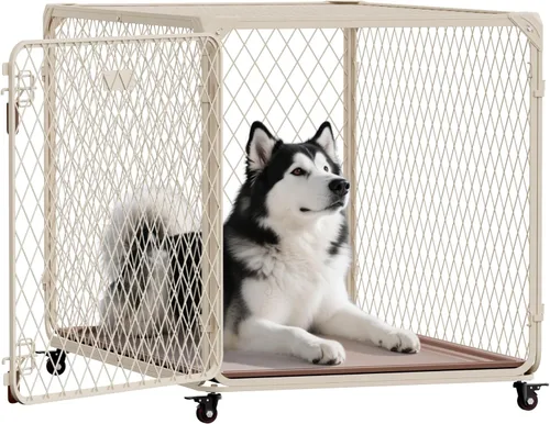Miniatura 8 de Jaula para Perros Aurapaws, Jaula para Perros de 42 Pulgadas con Malla Diamante Mejorada con 4 Ruedas Bloqueables, Bandeja a Prueba de Fugas, Jaula
