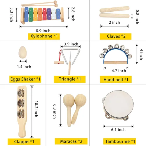 Miniatura 6 de Juego de instrumentos musicales para niños pequeños, instrumentos de percusión de madera, juguetes musicales, xilófono, maracas, huevo, pandereta