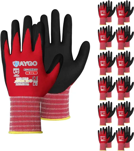 KAYGO KG18NB - Guantes de seguridad para trabajo con revestimiento y agarre de nitrilo de microespuma negra, 12 pares de guantes de nailon de punto