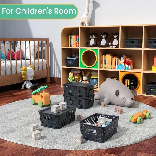Miniatura 5 de Cestas de almacenamiento de plástico con tapa, contenedores de almacenamiento de plástico apilables: cestas de almacenamiento para organizar