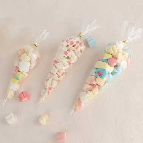 Miniatura 4 de 100 bolsas de golosinas en forma de cono – 11.8 x 6.3 pulgadas, triángulo con lazos, plástico transparente para palomitas de maíz, galletas, dulces