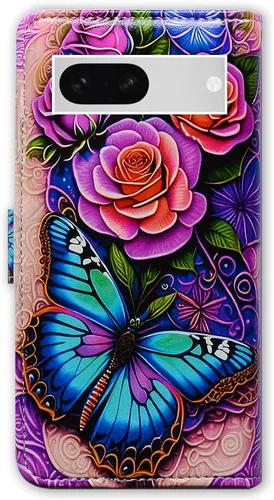 Miniatura 7 de Bcov Pixel 7a - Funda de piel con tapa y función atril para Google Pixel 7a, diseño de flores y mariposas azules Mariposa Azul Flores Rosa