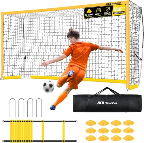 Haokelball Portería de fútbol portátil para patio trasero, red de fútbol de 12 x 6 pies con poste de metal para práctica de adultos y jóvenes,