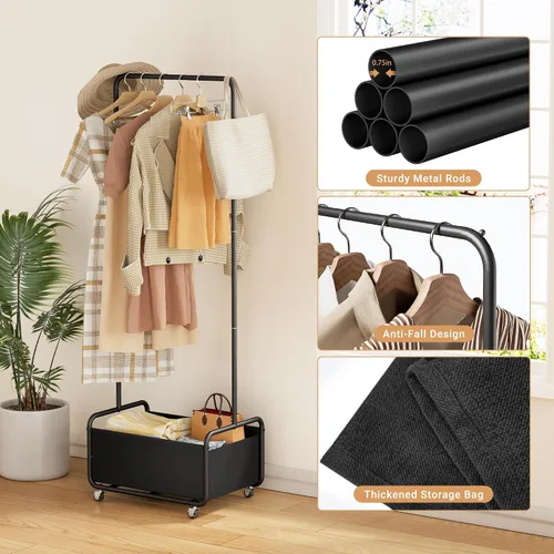 Miniatura 5 de Dunatou Perchero pequeño con ruedas y cesta inferior – Perchero resistente para espacios pequeños, perchero con ruedas para espacios pequeños
