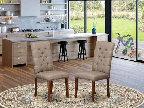 Miniatura 2 de East West Furniture ELP3T16 Elsa Parson - Juego de 2 sillas de comedor tapizadas de tela de lino color caqui oscuro con ribete de cabeza de clavo