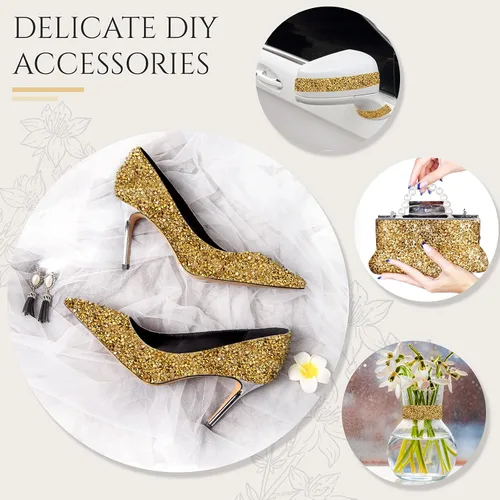 Miniatura 3 de WILLBOND 3 rollos de 3 yardas de cinta de diamantes de imitación de cristal brillante, 3 estilos, cintas de diamantes dorados, malla de flores