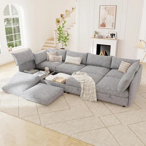 Miniatura 36 de 95.5" Sofá seccional modular de chenilla con almacenamiento oculto, sofá cama convertible en forma de L y U, sofá seccional moderno de 6 plazas