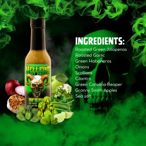 Miniatura 6 de Hellfire Hot Sauce Infierno De Ajo Verde - Salsa Verde de ajo Gourmet Salsa picante con pimientos verdes Carolina Reaper, 5 onzas