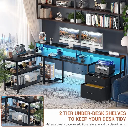 Miniatura 8 de Aheaplus Escritorio en forma de L con cajón de archivos, escritorio reversible en forma de L para computadora de 72.8" con toma de corriente