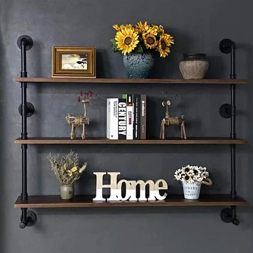 Miniatura 11 de Estantes de pared de tubería industrial con tablón de madera real, estantes flotantes de 48 pulgadas para pared, estantería de libros estilo granja