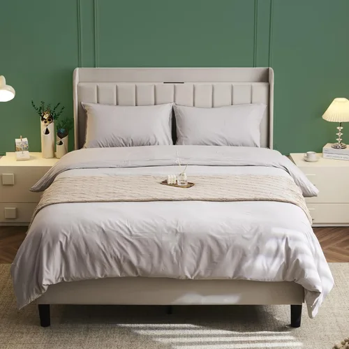 Miniatura 21 de VINGLI Base de cama individual para niños, cama de plataforma tapizada Boucle con cabecera ajustable, soporte de listones de madera resistente, cama