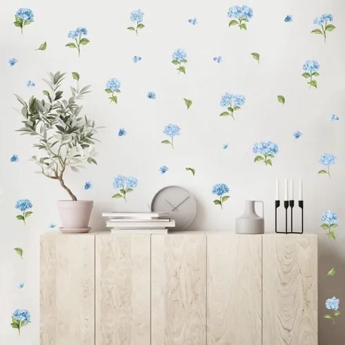 Miniatura 5 de Calcomanías de pared de hortensias azules de acuarela, calcomanías de pared de vinilo floral de flores, flores extraíbles con hojas verdes, arte
