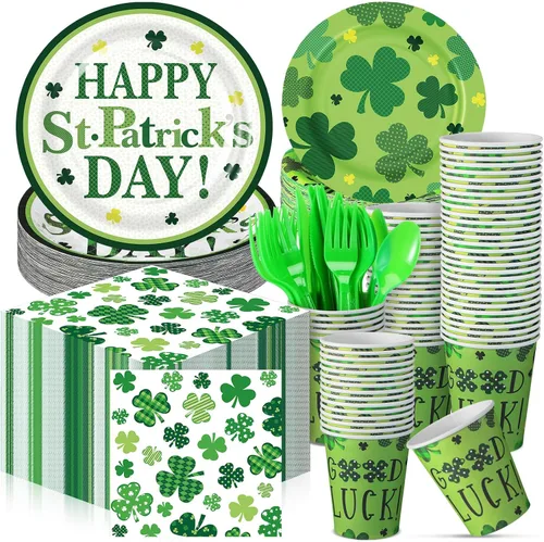 Miniatura 7 de 210 piezas de suministros para fiesta del Día de San Patricio, platos, servilletas, vasos, trébol irlandés, fiesta, desechables, platos de postre