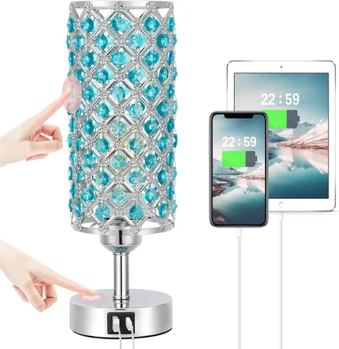 Miniatura 17 de Lámpara de mesa de cristal Hong-in - Control táctil regulable en 3 vías, lámpara de cabecera de oro rosa con puertos USB C y A, luz de mesita