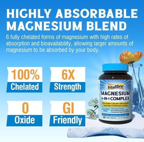 Miniatura 3 de Vitalibre Complejo de magnesio 6 en 1 para mujeres y hombres, 260 mg de magnesio elemental Máxima absorción Suplemento de magnesio quelado