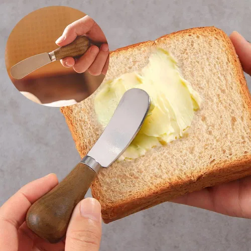 Miniatura 7 de Paquete de 2 cuchillos esparcidores de mantequilla de pie, cuchillos esparcidores de queso de acero inoxidable con mango de madera, cuchillos