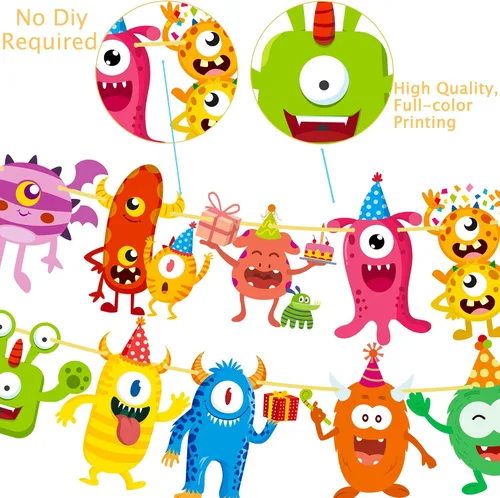 Miniatura 4 de Cartel de monstruo de feliz cumpleaños, suministros de fiesta de cumpleaños con purpurina para niños, tema de monstruo pequeño, baby shower