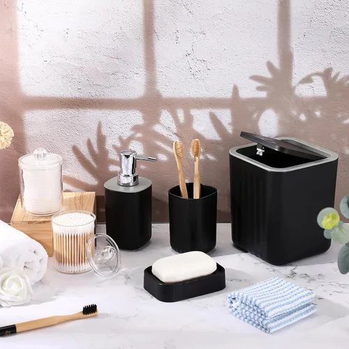 Miniatura 4 de Hosuly Juego de 9 piezas de accesorios de baño para cortina de ducha y 12 ganchos, dispensador de jabón, jabonera, tapete de baño antideslizante