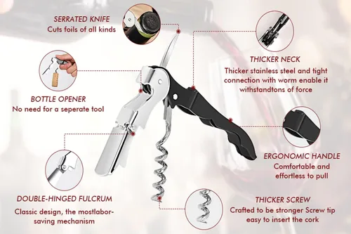 Miniatura 2 de Juego de Sacacorchos Profesional para Camareros, Llave de Vino de Acero Inoxidable Resistente con Bisagras para Camareros de Restaurantes, Sumiller