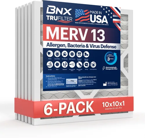 BNX TruFilter - Filtro de aire 10 x 10 x 1 MERV 13, electrostático plisado, para aire acondicionado, HVAC y hornos, para alergias, polen, moho,