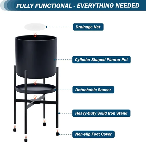 Miniatura 4 de D'vine Dev Maceta negra de 8 pulgadas con soporte, moderna maceta cilíndrica de plástico con soporte de metal resistente para plantas