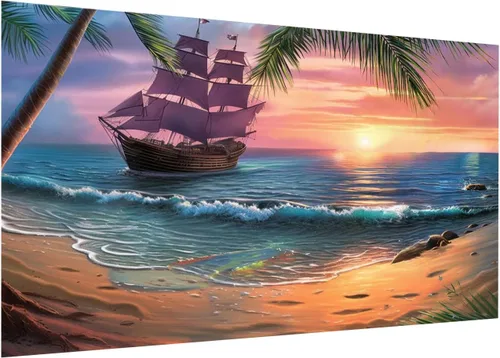 DOTZSO Kits de pintura de diamantes de playa para adultos, fácil de bricolaje 5D redondo completo kit de arte de diamantes de punto de diamante de