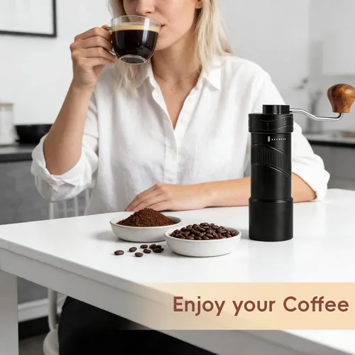 Miniatura 9 de Molinillo de café manual con 8 ajustes de grosor ajustables para expreso, granos moka franceses, verter sobre goteo, manivela de café, molinillo